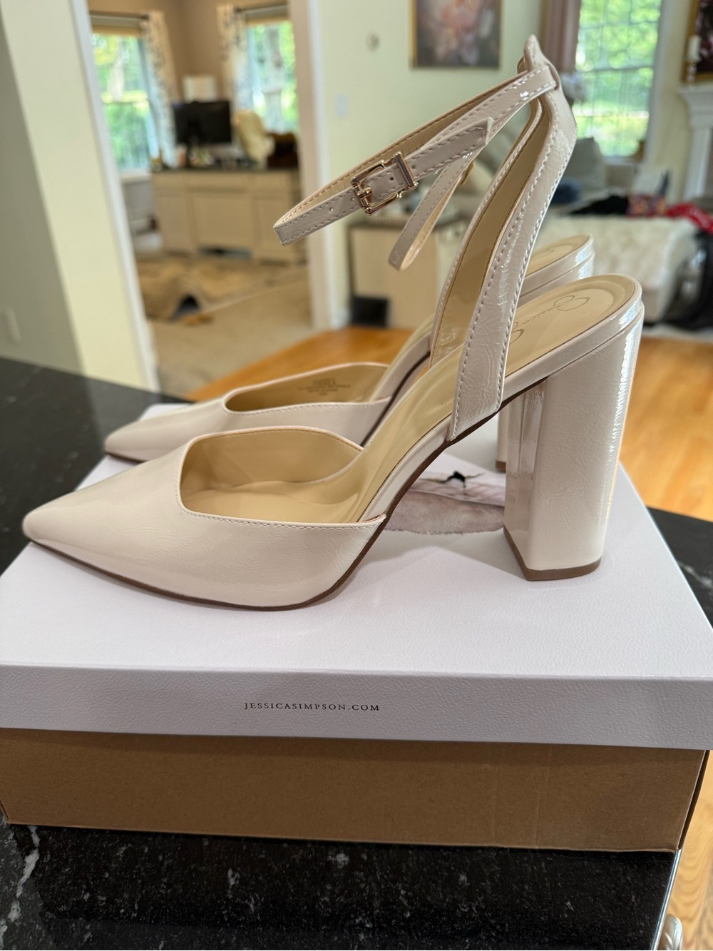 Jessica Simpson Pale Cream Pointed Toe Block Heel Ankle-Strap Pumps